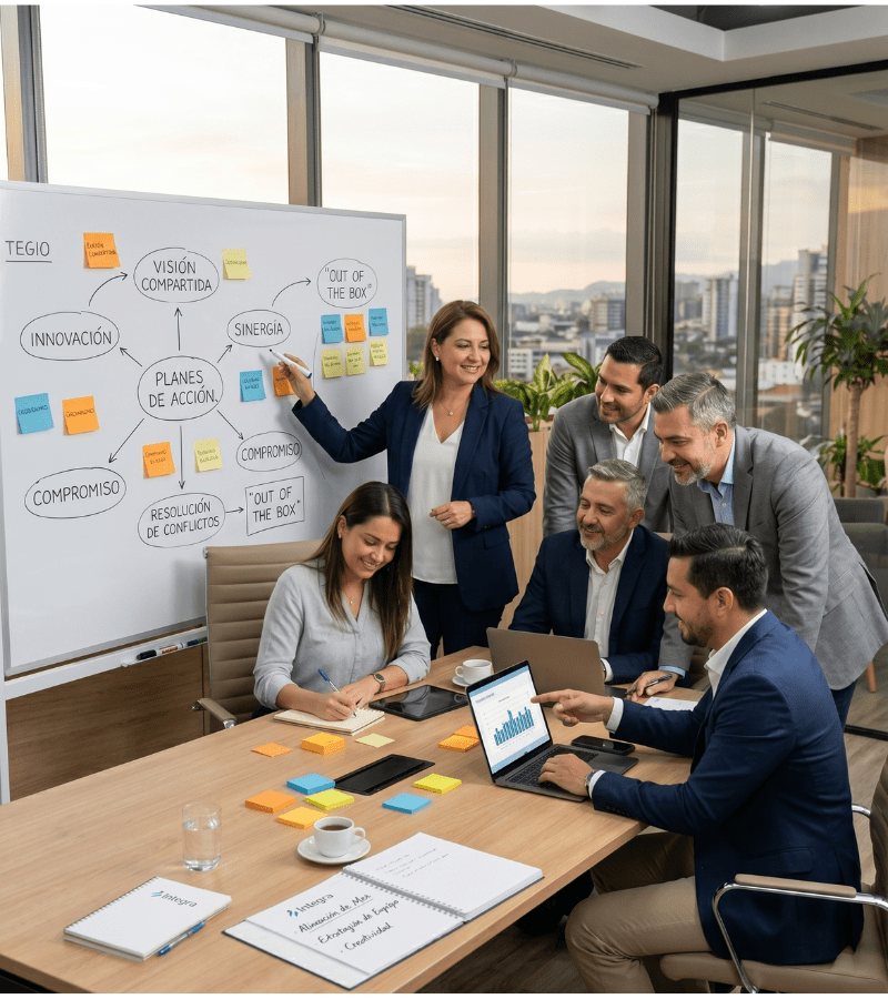 Equipo de líderes trabajando con un coach para desarrollar capacidades, visión compartida y sinergia organizacional. Equipo de líderes trabajando con un coach para desarrollar capacidades, visión compartida y sinergia organizacional.