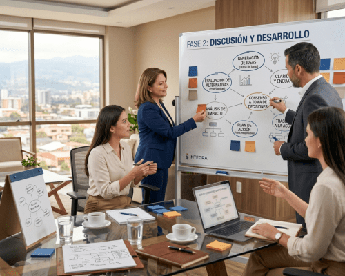 Coaching Gerencial 2 Coach facilitando una discusión creativa con un equipo para generar alternativas y tomar decisiones