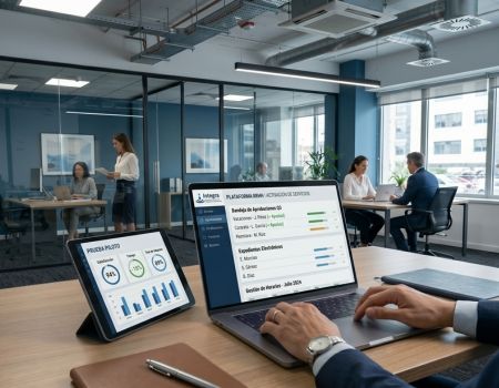 Primer plano de manos configurando panel digital de recursos humanos en laptop, Integra Internacional