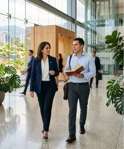 Coach y ejecutivo caminando juntos en un espacio moderno con luz natural, simbolizando acompañamiento y claridad en procesos de coaching.