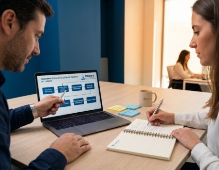 Profesionales colaborando frente a laptop con diagrama de procesos de recursos humanos, Integra Internacional