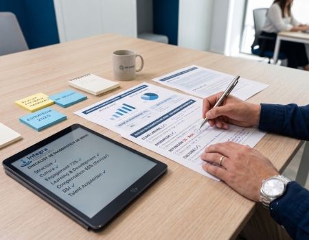 Vista superior de documentos, notas y checklist de diagnóstico de recursos humanos sobre escritorio moderno, Integra Internacional
