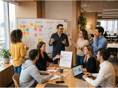 Sesión de formación ejecutiva con facilitador guiando a un equipo en capacitación profesional.