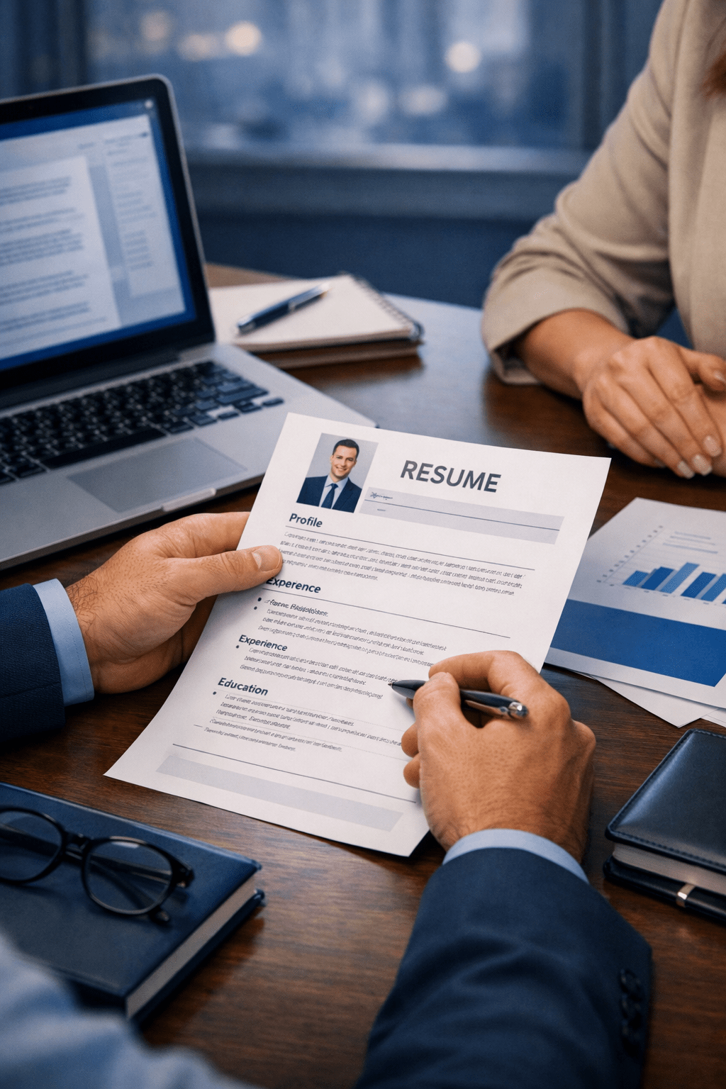 Nuestro Enfoque en Redacción Profesional de Currículum | Integra Internacional Manos profesionales revisando un currículum sobre escritorio moderno en entorno corporativo, Integra Internacional