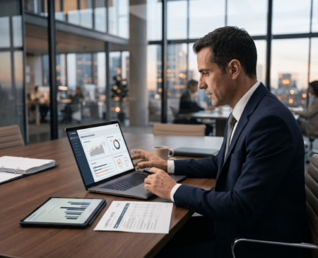 que-es-evaluacion-desempeno-integra-450x364 Consultor revisando métricas e indicadores como parte de una evaluación de desempeño.