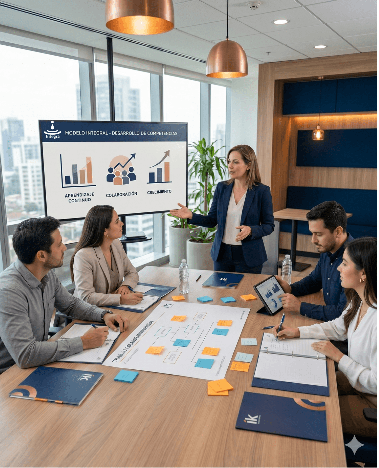 Soluciones de Capacitación Corporativa para el Desarrollo del Talento Facilitador guiando a un grupo de colaboradores en una sesión de capacitación corporativa en un ambiente profesional y colaborativ